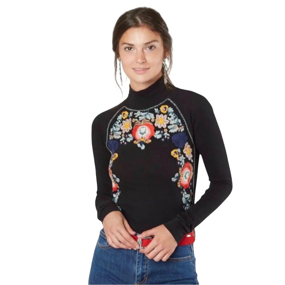 Free People Black Floral Embroidered Mock Neck Long Sleeve Top Size M Boho